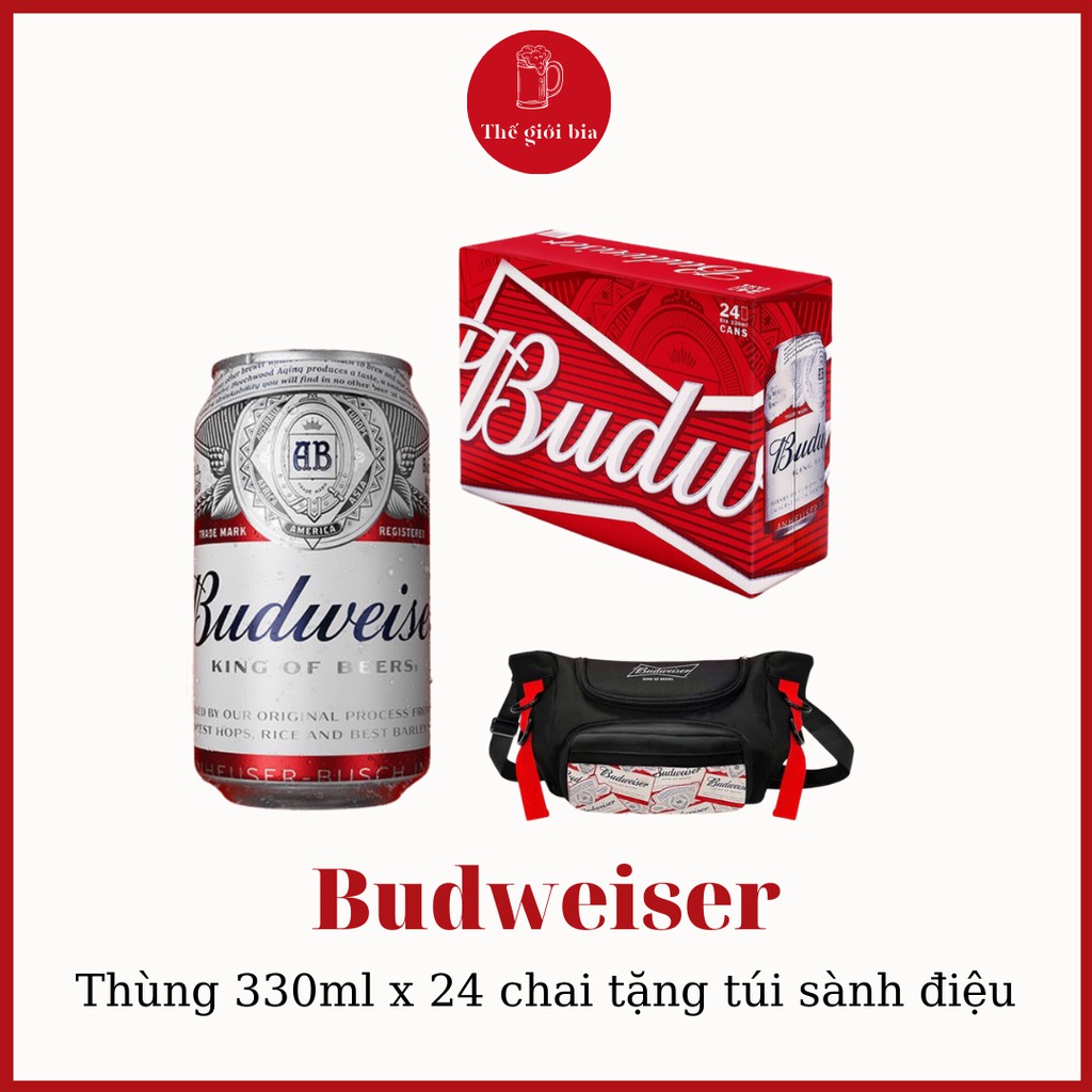 Bia Budweiser 330ml x 24 lon kèm túi đeo chéo sành điệu | Chính hãng date dài