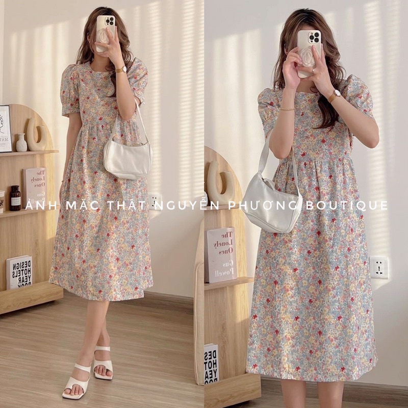 Váy hoa nhí cỏ babydoll cổ tròn có dây đai buộc eo thon gọn đầm dễ thương