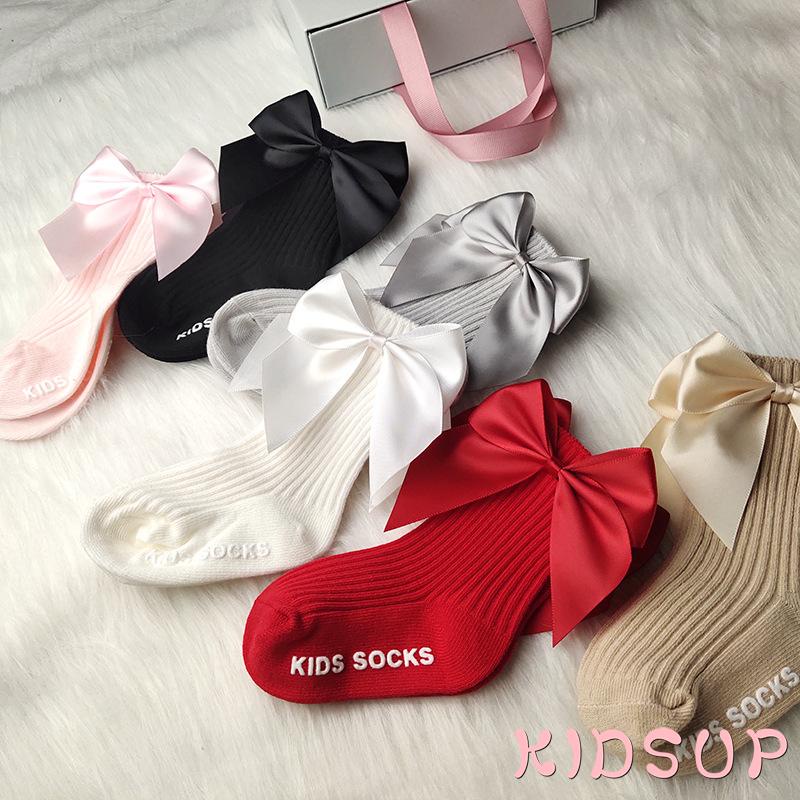 KIDSUP-Kids Cotton Socks, Baby Anti-Slip Medium Tube Socks with Bowknot for Spring Autumn