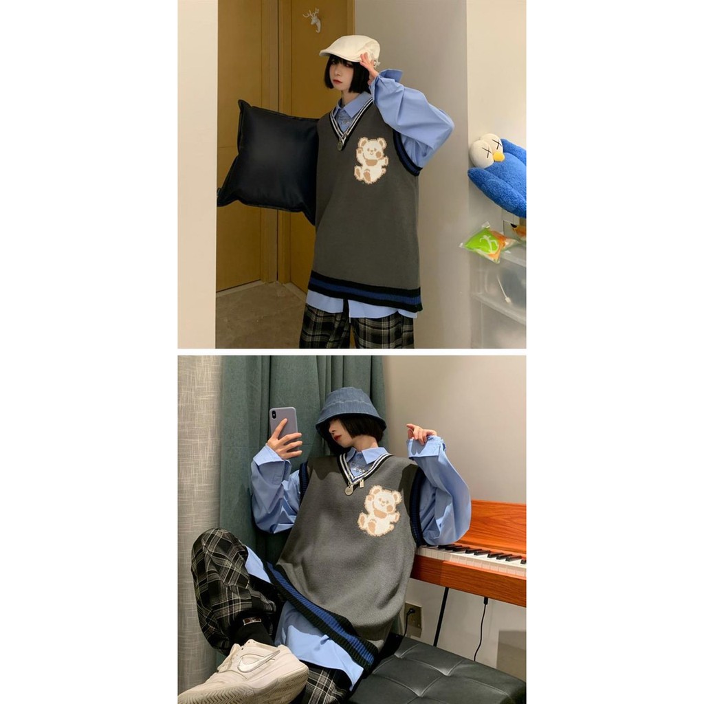Áo Gile Len Nam Nữ Hàn Quốc, Áo Len Gile Form Thụng Unisex Họa Tiết Hình Gấu Dễ Thương