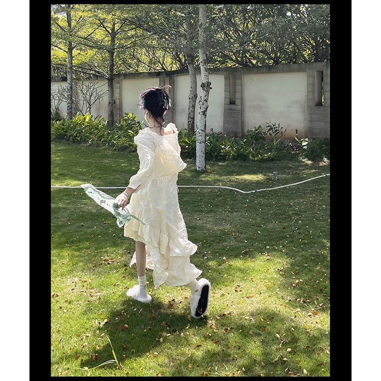 Áo babydoll/ Chân váy móc 3 chiều màu kem tiểu thư