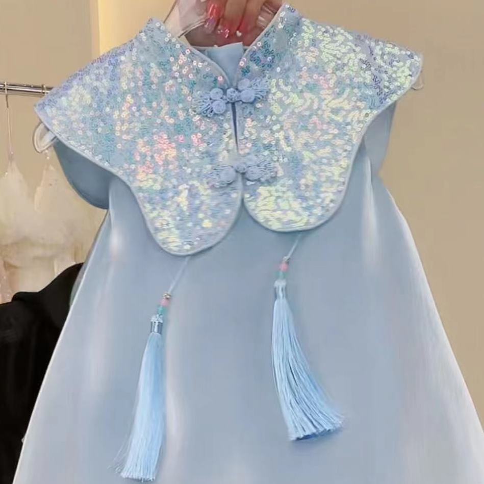 Đầm Sườn Xám Không Tay Phối Tua Rua Thời Trang Mùa Hè Dành Cho Bé Gái