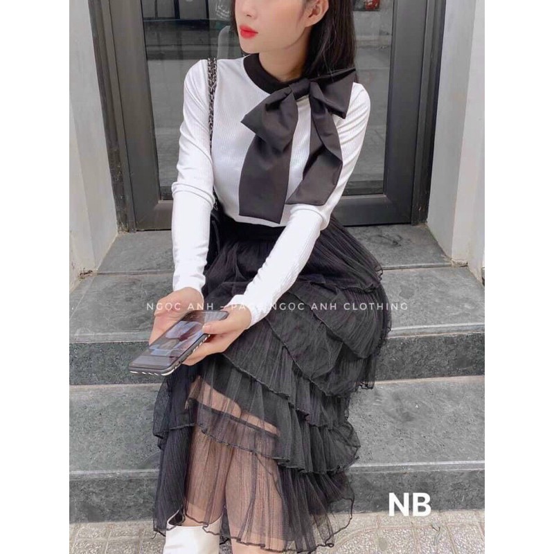 Áo kiểu phối nơ cổ