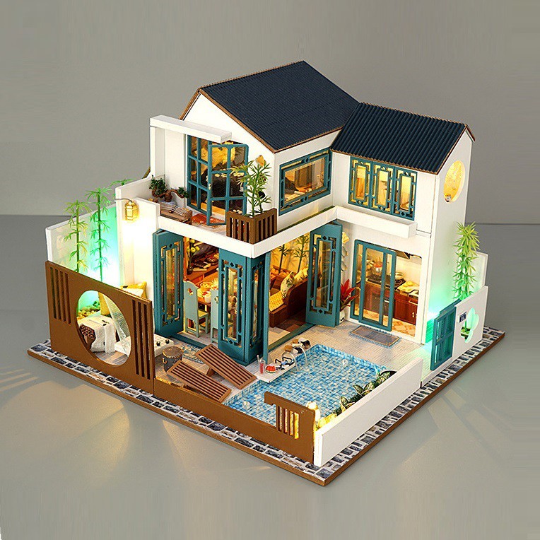 Mô hình nhà DIY Doll House Happy Restaurant Kèm Mica Chống bụi, Bộ dụng cụ, Keo dán và Bộ phát nhạc
