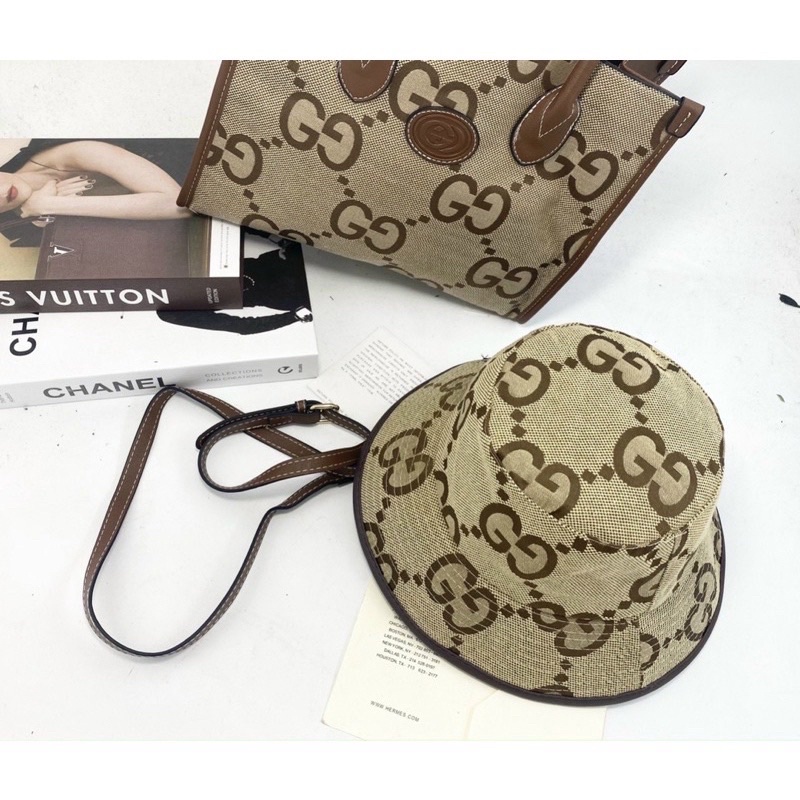 SET TÚI ĐEO CHÉO HÀ HỒ SIZE 16 SIZE 22 KÈM NÓN TAI BÈO BUCKET NAM NỮ UNISEX VIỀN DA VẢI DỆT CAO CẤP G.U.C.C.I