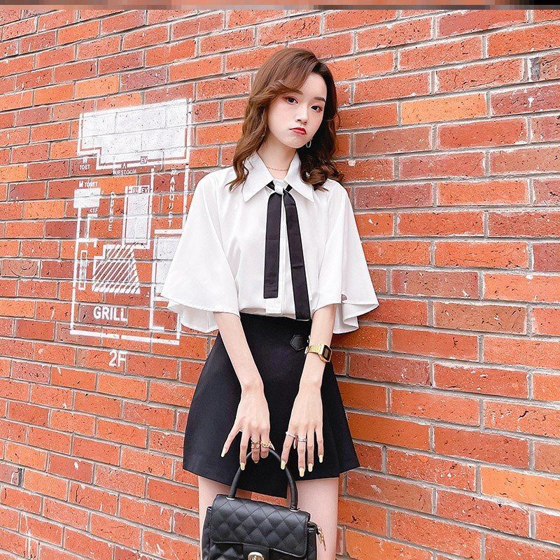 Áo Sơ Mi Trắng Tay Ngắn Phối Cà Vạt Thời Trang Mùa Hè 2022 Cho Nữ