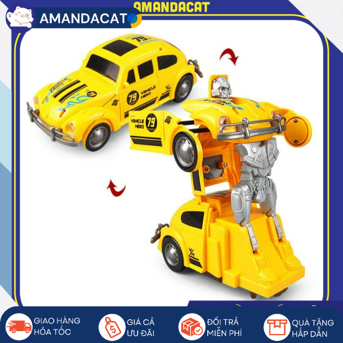 [Hàng sẵn] Xe oto vàng biến hình thành robot có đèn khi xe di chuyển và phát nhạc sống động, Xe đồ chơi cho bé trai
