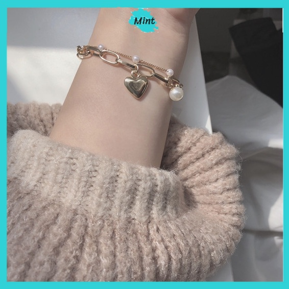 Lắc Tay Hai Lớp Ngọc Trai Nhân Tạo ❤️FREESHIP❤️ Vòng Tay Phối Xích Trái Tim Phong Cách Hàn Quốc | BigBuy360 - bigbuy360.vn