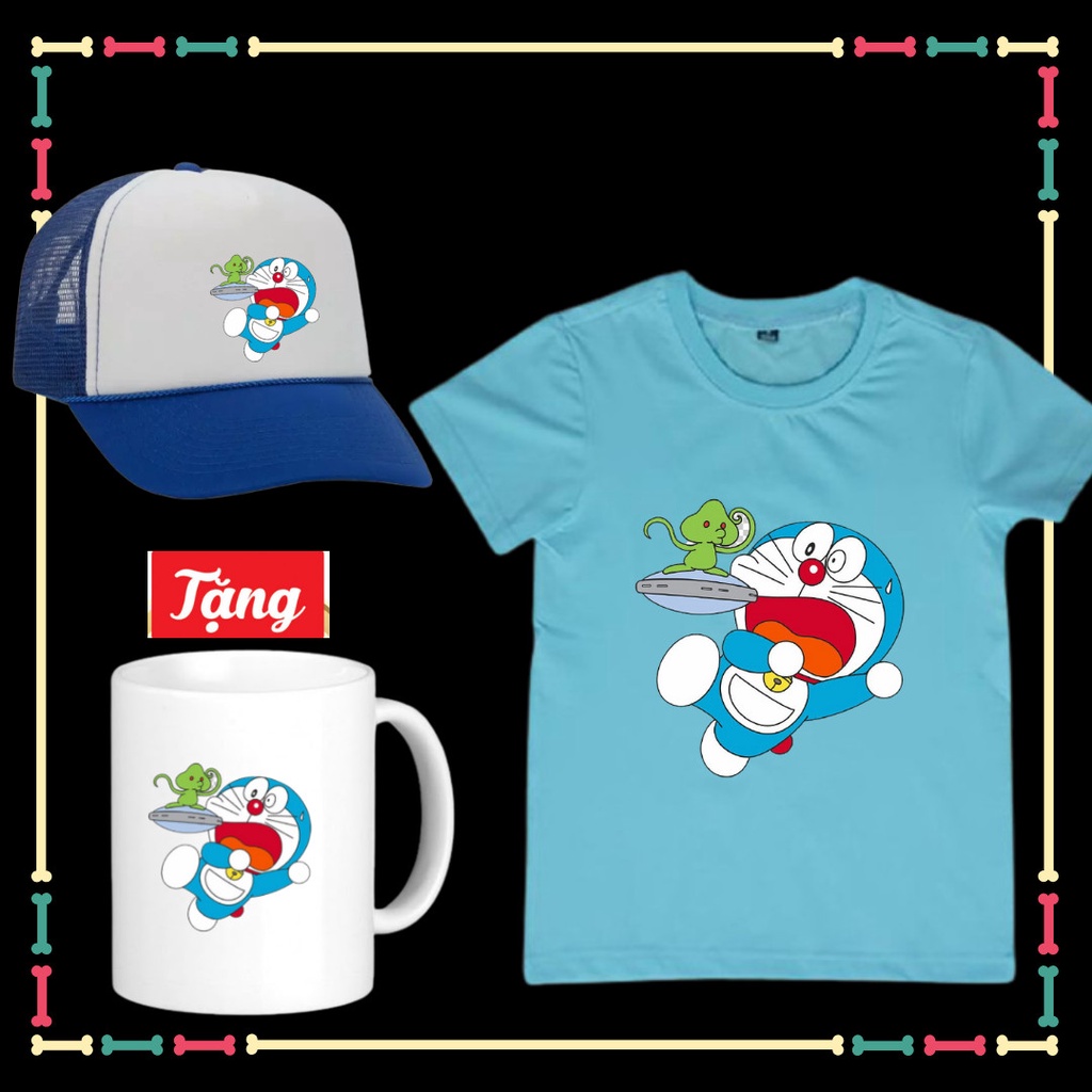Combo Mũ Áo Doremon cho trẻ em vui nhộn vải co giãn 4 chiều Tặng ly sứ in hình Doremon