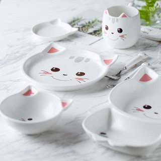 Đĩa, bát, cốc, thìa hình Mèo trắng bằng sứ cao cấp