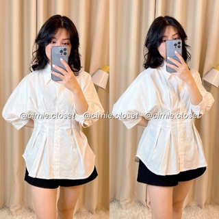Áo sơ mi nữ xiaozing chiết eo tôn dáng, áo sơ mi trắng tay lỡ phong cách Hàn Quốc