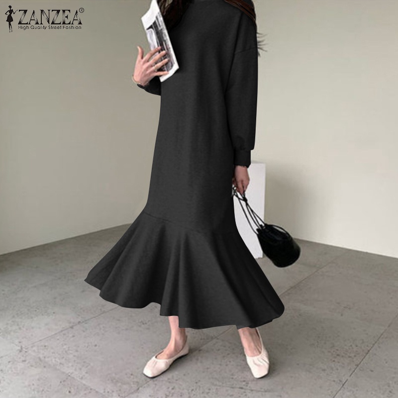 Đầm ZANZEA cổ tròn tay dài phối bèo kiểu dáng rộng rãi cho nữ