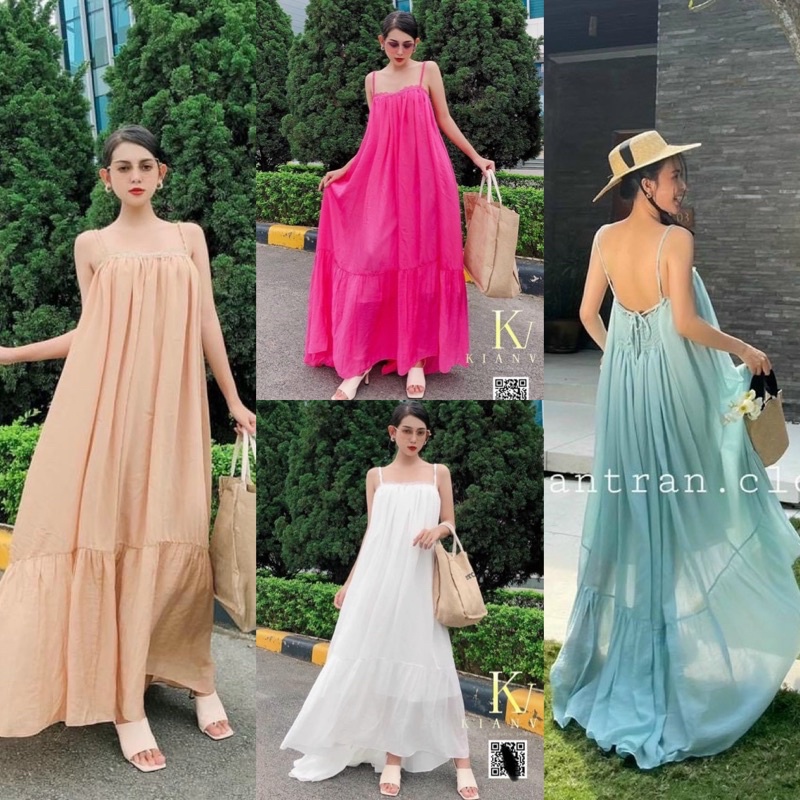 Maxi voan 4 màu trắng nude xanh hồng cánh sen, đầm váy dài xoè 2 dây lưng nhún thời trang hot girl đi chơi/biển du lịch