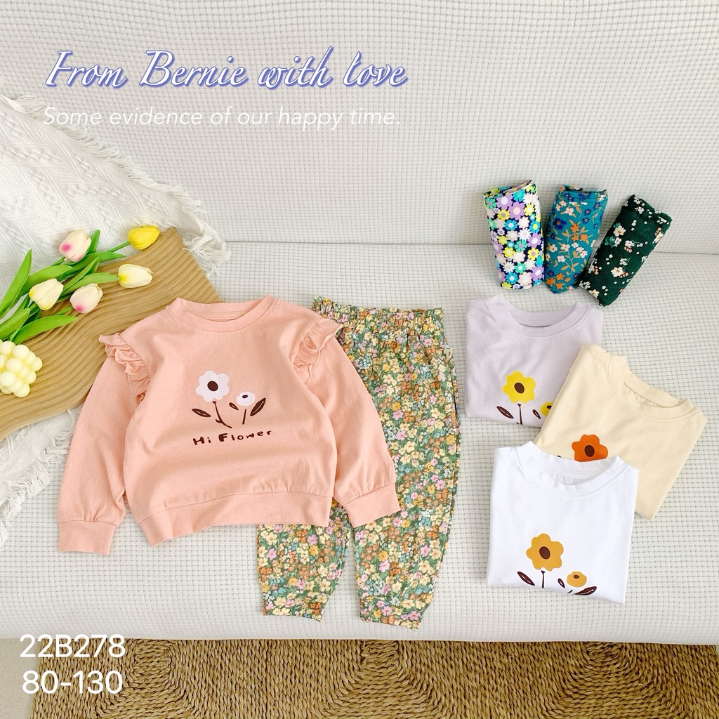 Bộ bé gái dài tay quần hoa xinh xắn, bộ thun tay dài cho bé Bernie