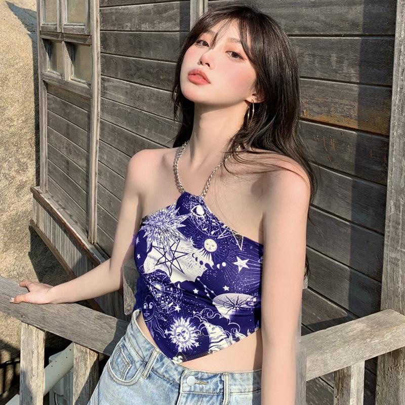 Áo croptop cổ yếm in họa tiết thời trang mùa hè cho nữ