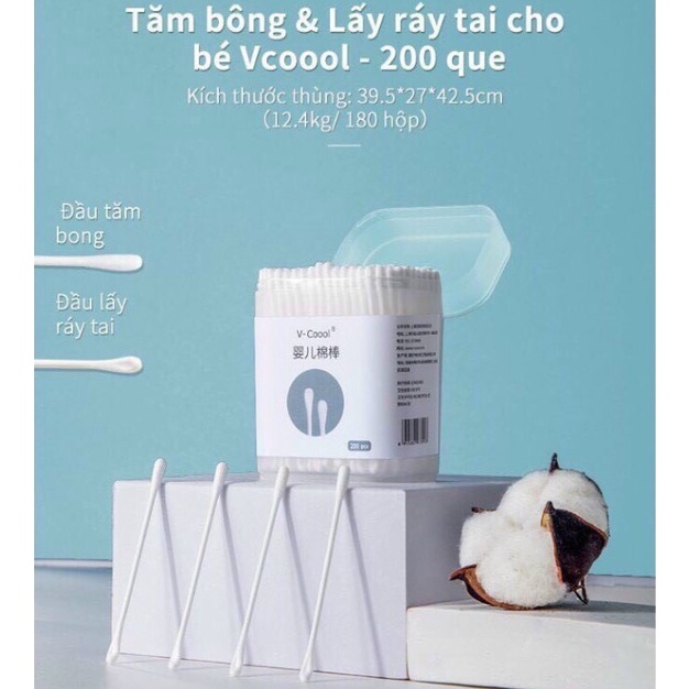 Hộp 200 que tăm bông lõi giấy 2 đầu V-coool cho trẻ sơ sinh và trẻ nhỏ