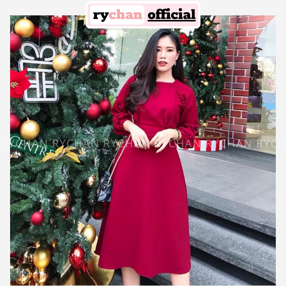 DX549 - Đầm Xòe Tông Đỏ Đính Nút Bọc Tay Dài