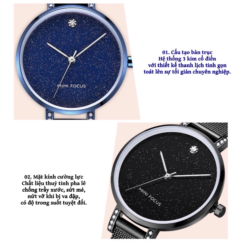 Đồng hồ nữ MINI FOCUS MF0160L.01 dây thép màu xanh viền thép không gỉ màu vàng 3 kim hàng chính hãng cao cấp Nhật Bản