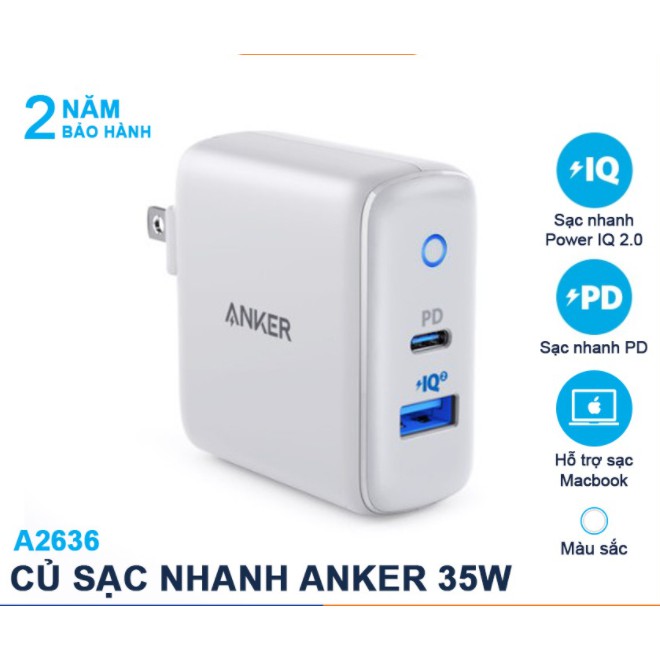 Củ Sạc Nhanh 35W ANKER A2636 2 Cổng PD 20W + USB-A QC3.0 15W PowerIQ Cho iPhone ipad S10 S20 cốc bh 24 tháng