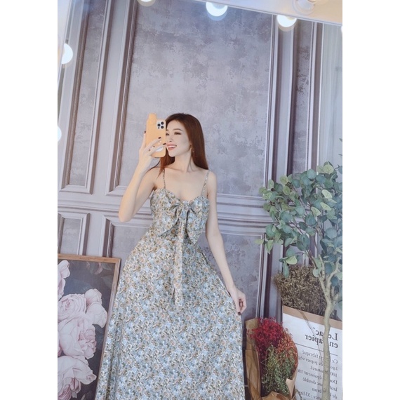 Đầm hoa 2 dây nơ dáng dài maxi-hình thật.