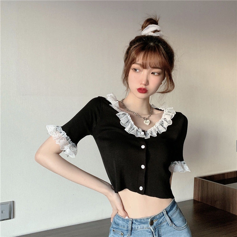 Áo dệt kim tay ngắn phối ren dáng ôm phong cách mùa hè thời trang cho nữ
