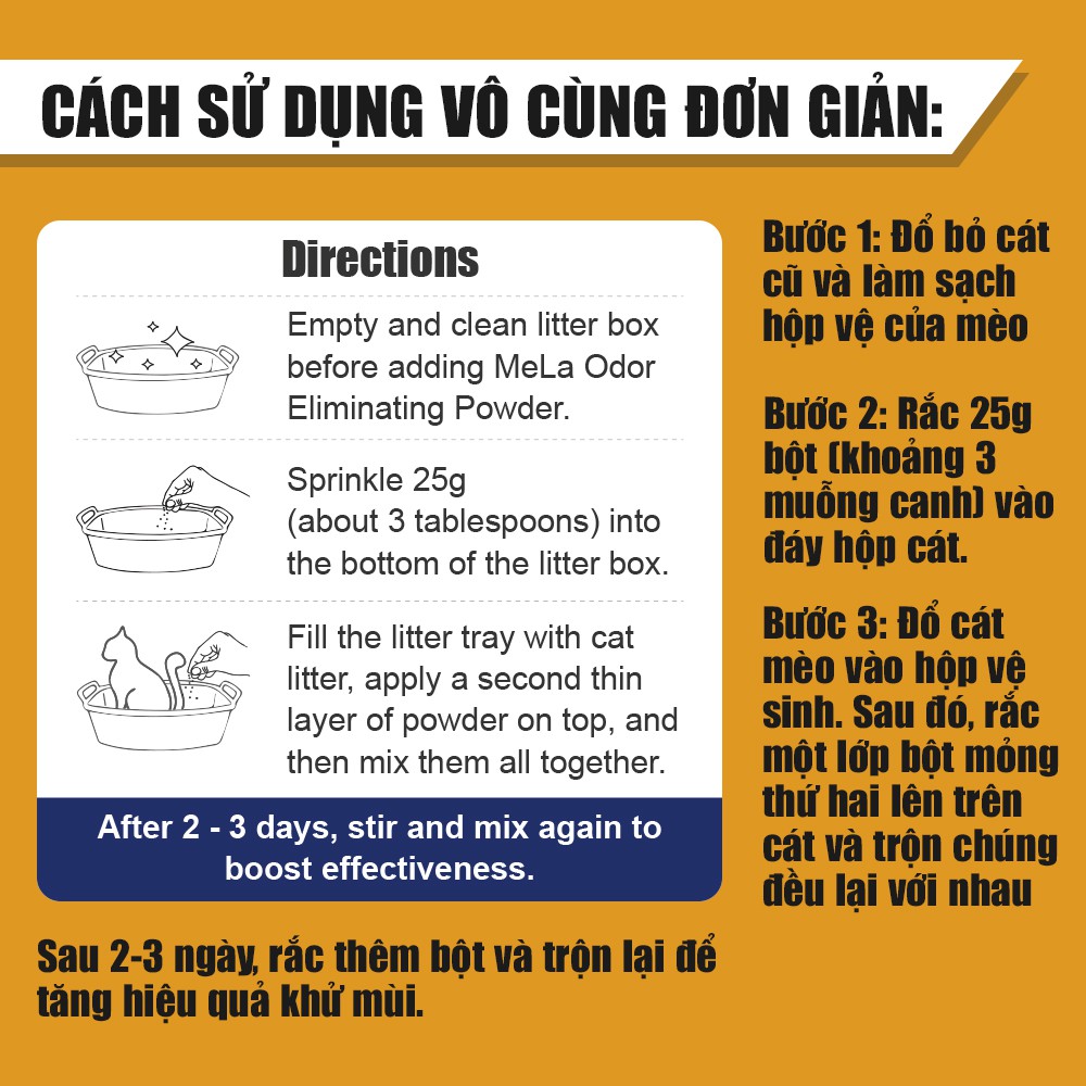 Bột khử mùi phân mèo MELA 250gr - Cách khử mùi cát mèo