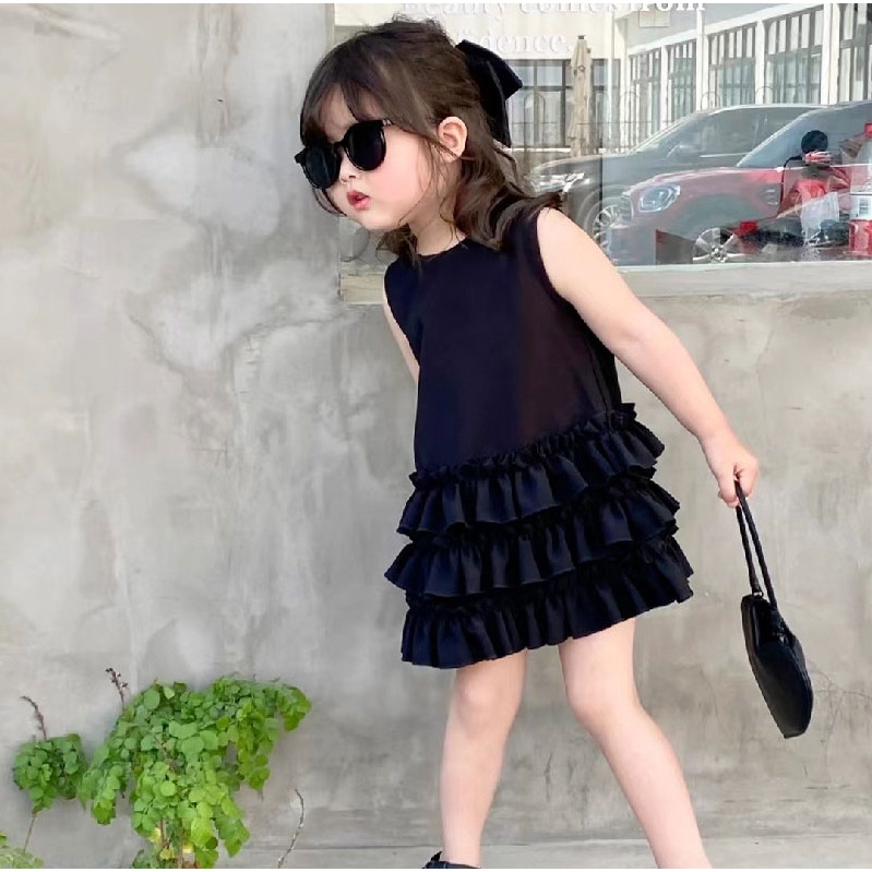 Đầm Mùa Hè Tay Cộc Màu Đen Phong Cách Hàn Quốc Hợp Thời Trang Dễ Thương Cho Bé Gái