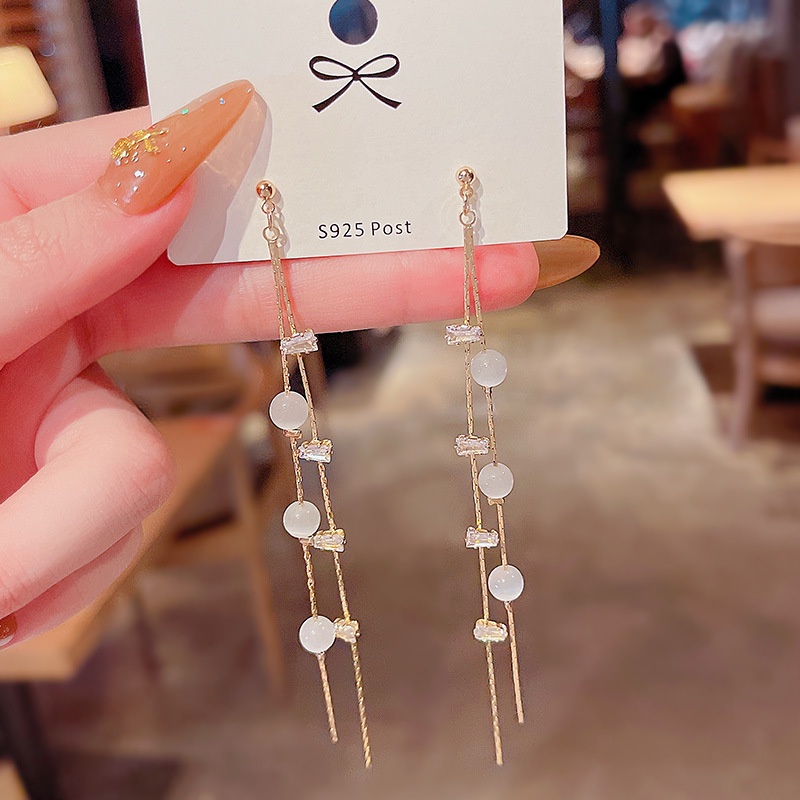 Khuyên Tai Bạc 925 Dáng Dài Đính Đá Opal Siêu Dễ Thương Cho Nữ