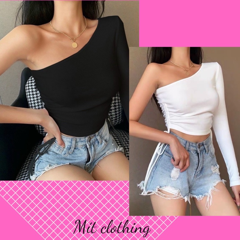 ÁO KIỂU LỆCH VAI 1 BÊN DÀI TAY RÚT DÂY 2 BÊN HÔNG NỮ ĐEN TRẮNG
