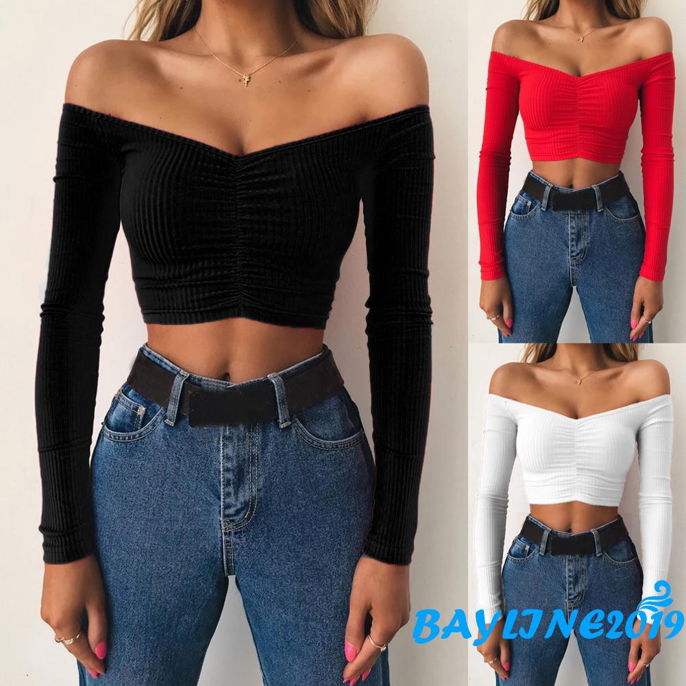 Áo thun crop top lệch vai tay dài giản dị ôm dáng cho nữ