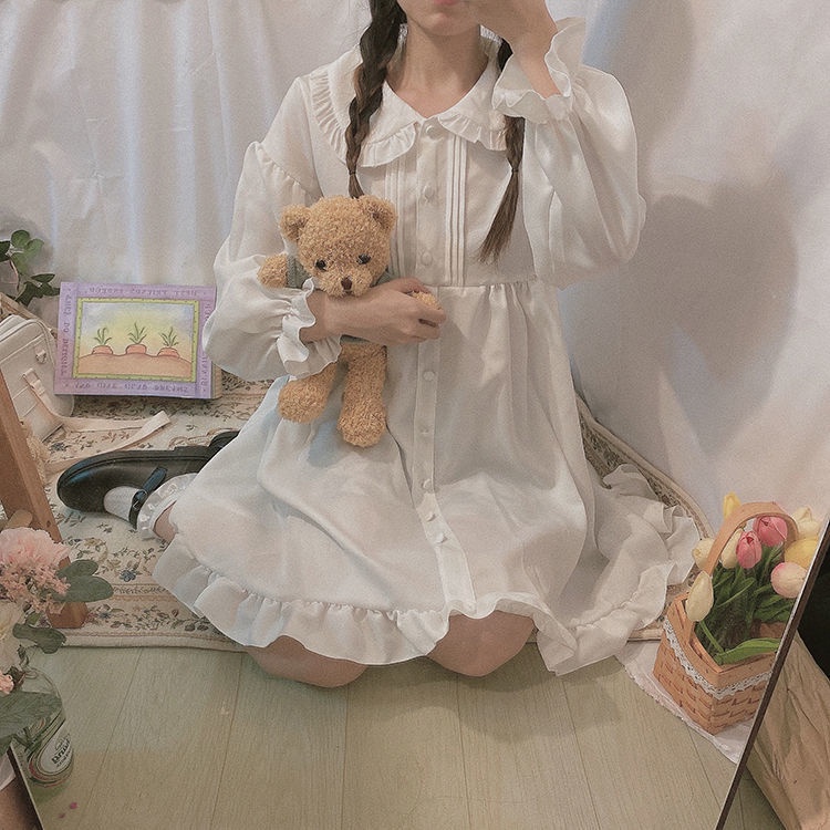 Đầm lolita cổ búp bê mềm tay phồng dài phối bèo nhún phong cách Nhật Bản cho nữ