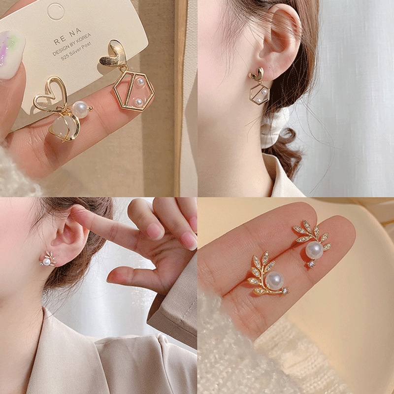 Bông Tai Bạc Đính Đá Mắt Mèo / Bướm / Ngọc Trai Phong Cách Hàn Quốc Chất Lượng Cao