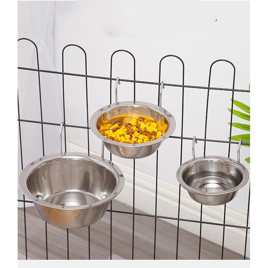 Bát ăn uống inox treo chuồng cho chó mèo, có giá đỡ chắc chắn