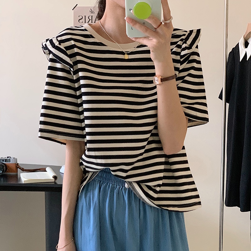 Áo Thun Tay Ngắn Cổ Tròn Dáng Rộng Kẻ Sọc Phong Cách Hàn Quốc Thời Trang Mùa Hè 52608