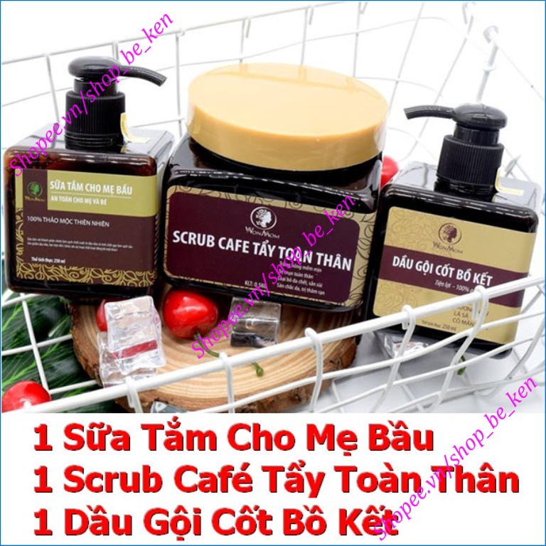 COMBO Chăm sóc toàn thân cho Mẹ Wonmom (1 Sữa tắm cho Mẹ + 1 Kem sữa nghệ toàn thân + 1 Scrub Cafe tẩy toàn thân)