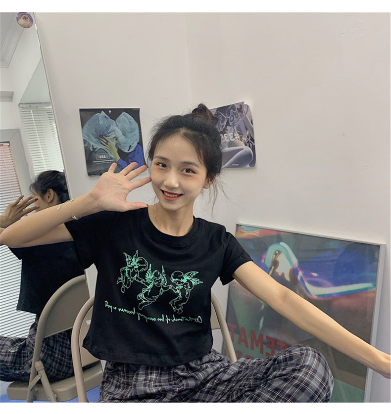 Áo Thun Croptop Cổ Tròn In Hình Thiên Thần Dễ Thương Cho Bạn Nữ