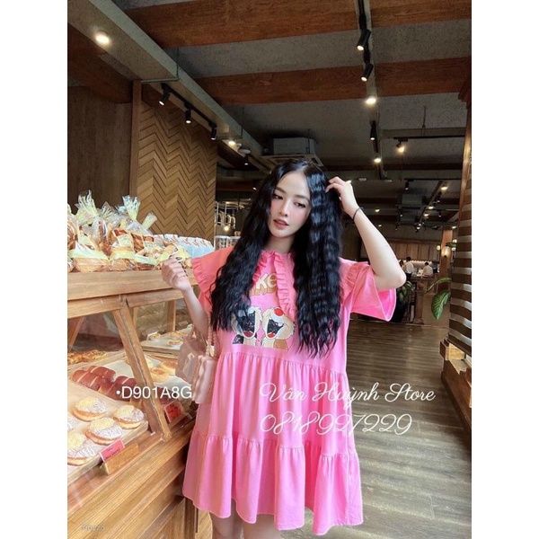 Đầm Thun Form Rộng Váy Babydoll Ngắn Hoạt Hình Cổ Bèo Phong Cách Ulzzang