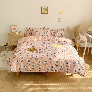 Bộ chăn ga gối hoa tím ga caro cotton poly