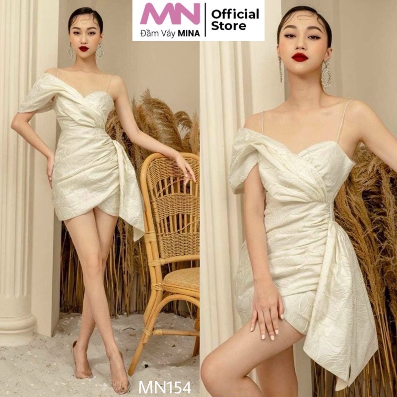 Đầm gấm trắng ôm body hai dây trễ vai rớt tà dáng ngắn MINA dự tiệc dạ hội đi chơi quyến rũ MN154