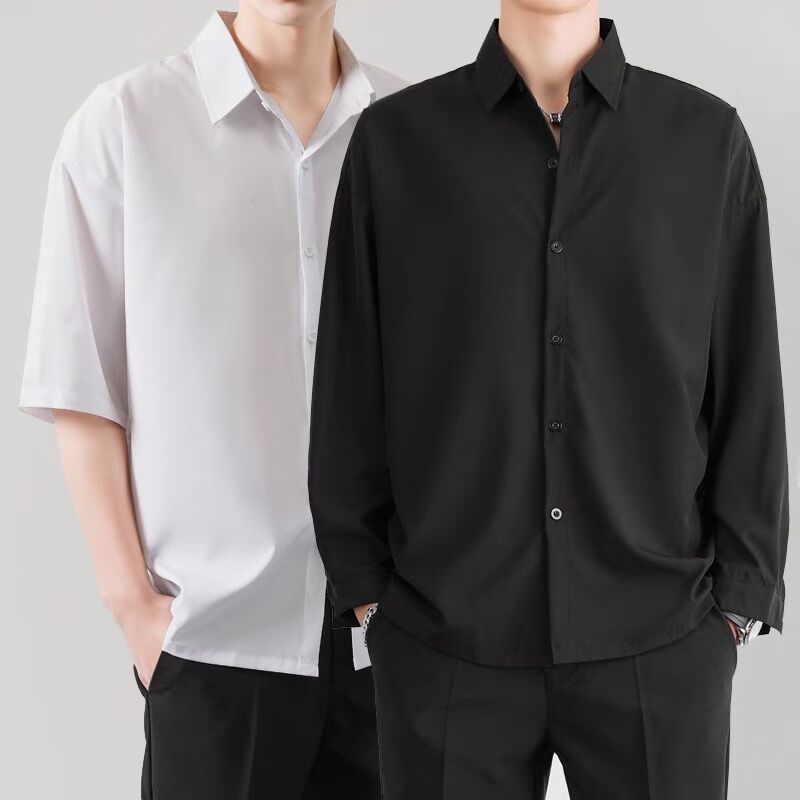 Ice Silk Black Shirt Men's Long-Sleeved Korean Style Trendy Summer Thin Hong Kong Style Casual Coat Men's Clothing Non-Ironing White Shirt