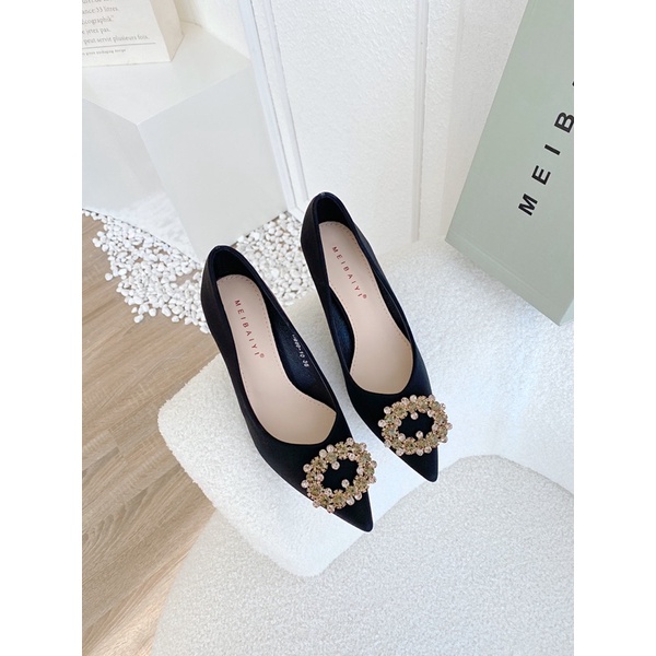 Giày cao gót bít mũi da vân đẹp đá ánh xanh sang chảnh lấp lánh đi tiệc cô dâu ngày cưới rẻ xinh. có sẵn Đen, Nude G2