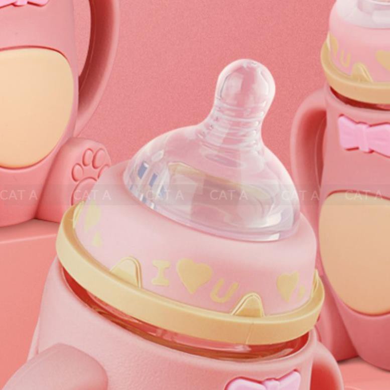 Bình Sữa giữ nhiệt thủy tinh, Bình Ti Sữa Cho Bé Có Tay Cầm CUTE - HÀNG MỚI VỀ