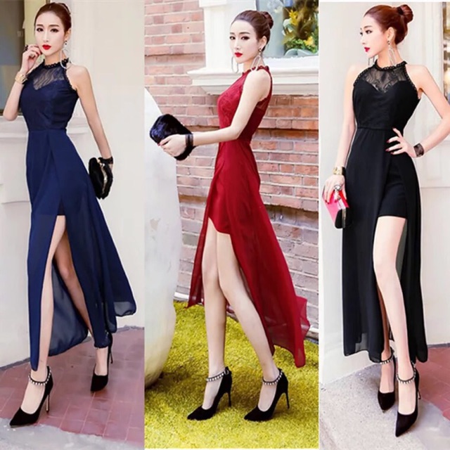 Đầm dự tiệc cổ yếm tôn dáng phối ren cao cấp sang trọng