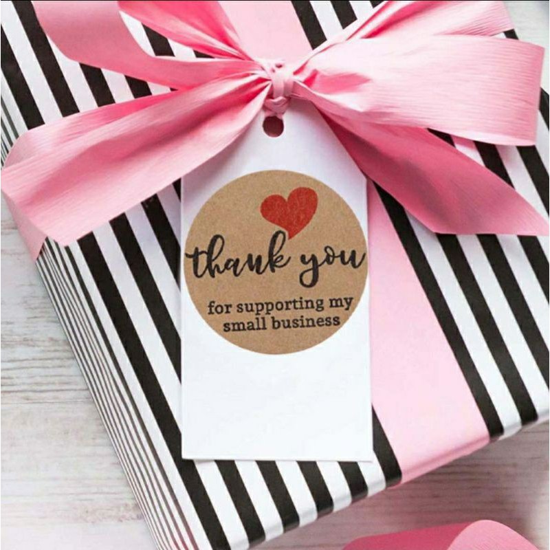 tem dán thank you tim đỏ nền tròn kraft 2.5cm