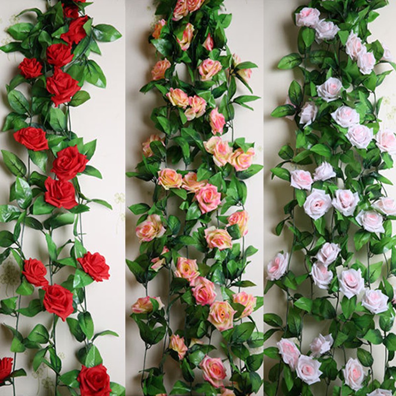 Artificial flower rattan Dây hoa hồng bằng vải lụa &amp; lá thường xuân giả 2.3M treo tường trang trí tiệc cưới