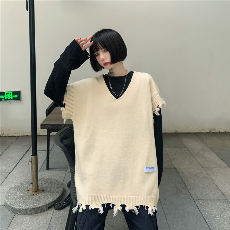 Ao len nữ form rộng hàn quốc, áo sweater nữ form rộng len kiểu gile cổ v phong cách học sinh hàn quốc 2021 | BigBuy360 - bigbuy360.vn