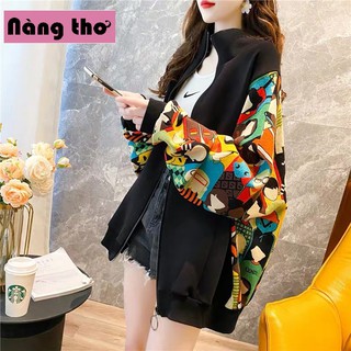 ÁO HOODIE NỮ PHỐI HỌA TIẾT TAY THỔ CẨM CÓ DÂY KÉO [THỜI TRANG HÀN] - Nàng Thơ's Shop
