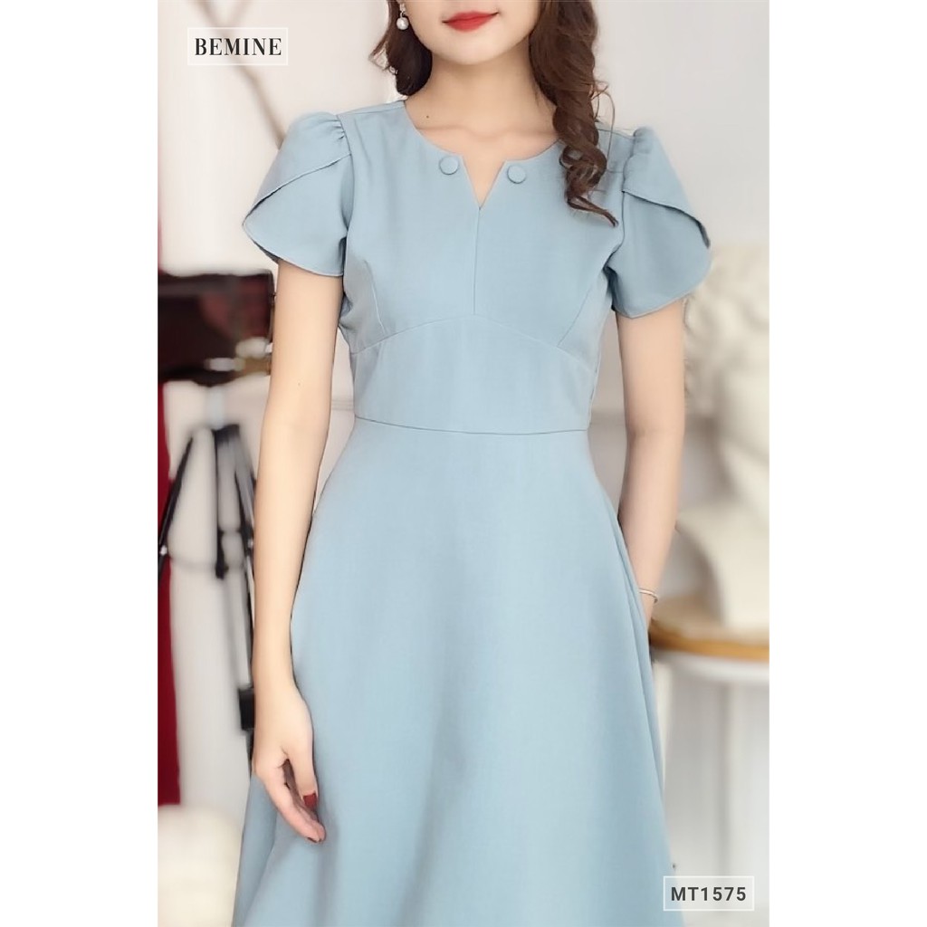 Đầm cổ đính 2 nút bọc tay búp sen BEMINE MT1575XANH | BigBuy360 - bigbuy360.vn