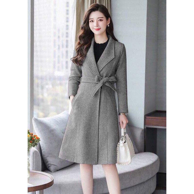 Hàng nhập - Áo khoác dạ lì nữ cổ vest cách điệu, áo manto thắt eo sang trọng