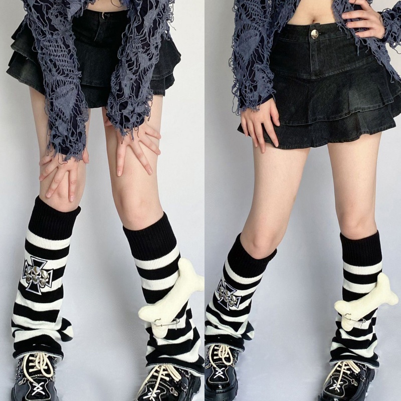 Xiangbao Vớ Dệt Kim Dài Đến Đầu Gối Trang Trí Xương Đầu Gối Phong Cách Gothic Harajuku Đường Phố Giữ Ấm Cho Nữ